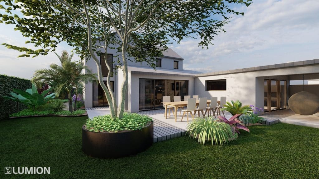 Arbre en cépée dans un bac alu rond en angle de terrasse