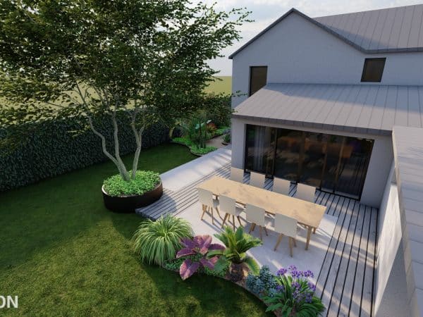 vue 3D de haut d'un jardin avec coin cuisine